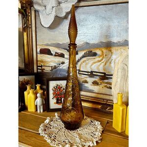 Vintage Amber Glass Italian Empoli Decanter - Grapes & Cherries Design - MCM Gen